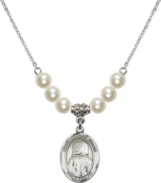 Sterling Silver Saint Jeanne Jugan Birthstone Necklace with Faux-Pearl Beads - 8409