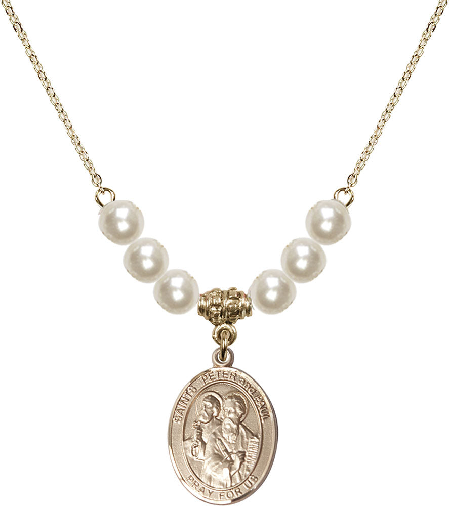 14kt Gold Filled Saints Peter & Paul Birthstone Necklace with Faux-Pearl Beads - 8410