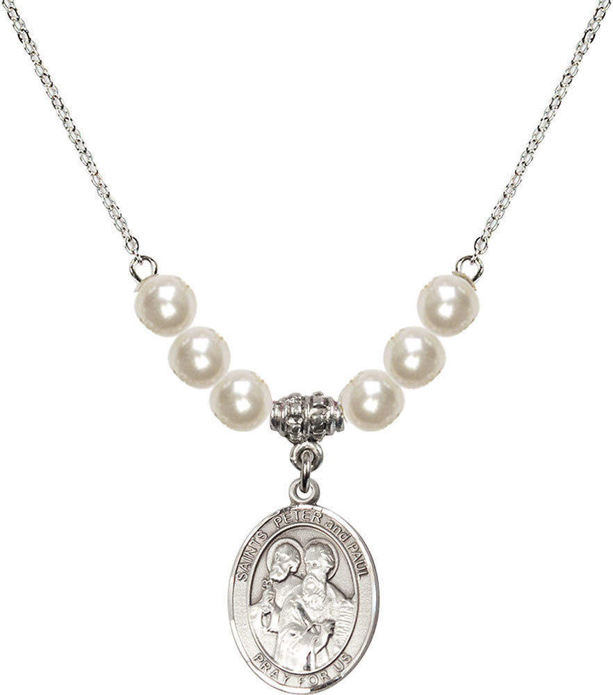 Sterling Silver Saints Peter & Paul Birthstone Necklace with Faux-Pearl Beads - 8410