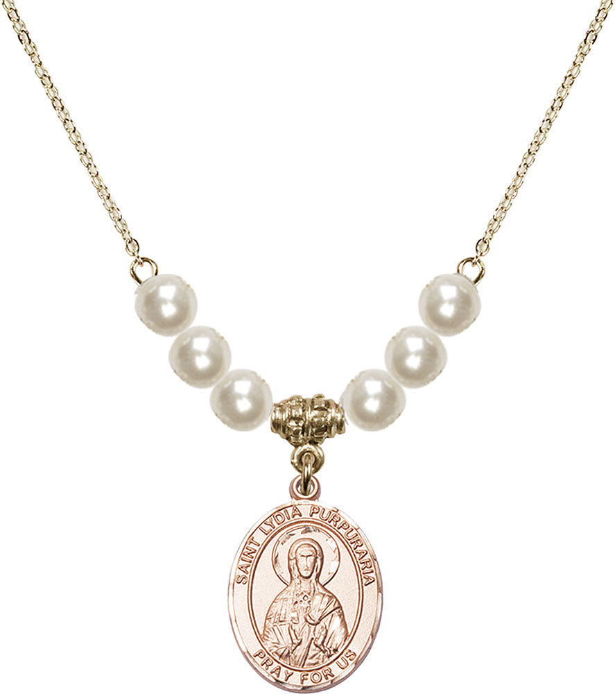 14kt Gold Filled Saint Lydia Purpuraria Birthstone Necklace with Faux-Pearl Beads - 8411