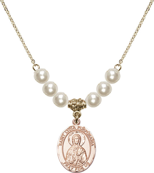 14kt Gold Filled Saint Lydia Purpuraria Birthstone Necklace with Faux-Pearl Beads - 8411