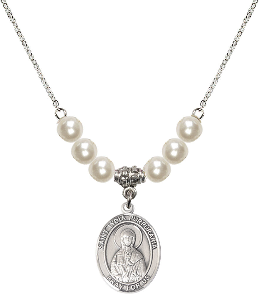 Sterling Silver Saint Lydia Purpuraria Birthstone Necklace with Faux-Pearl Beads - 8411