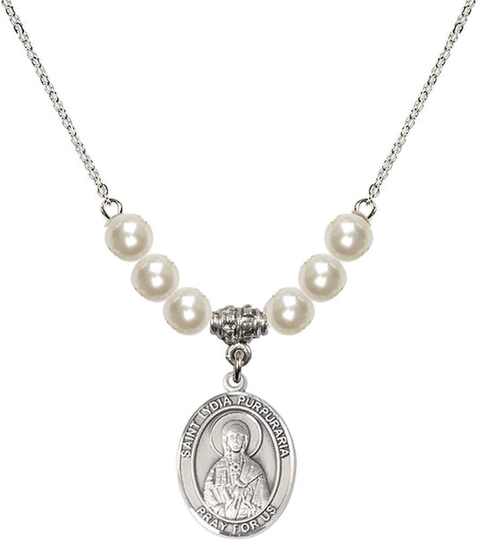 Sterling Silver Saint Lydia Purpuraria Birthstone Necklace with Faux-Pearl Beads - 8411