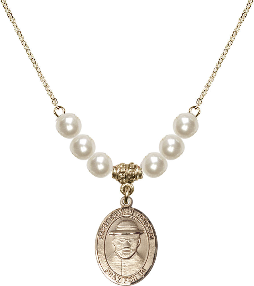 14kt Gold Filled Saint Damien of Molokai Birthstone Necklace with Faux-Pearl Beads - 8412