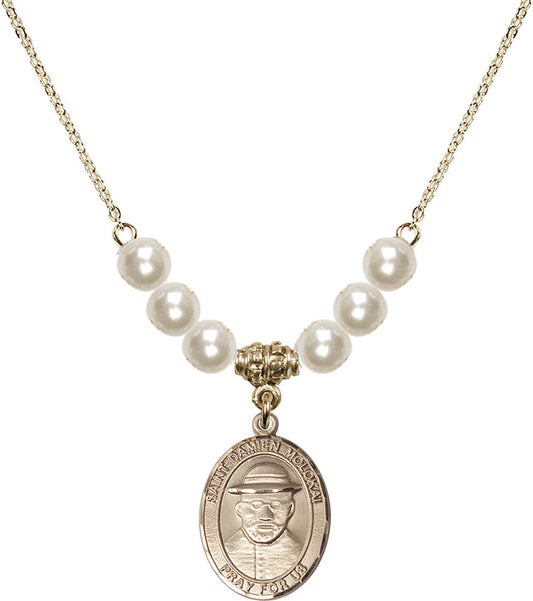 14kt Gold Filled Saint Damien of Molokai Birthstone Necklace with Faux-Pearl Beads - 8412