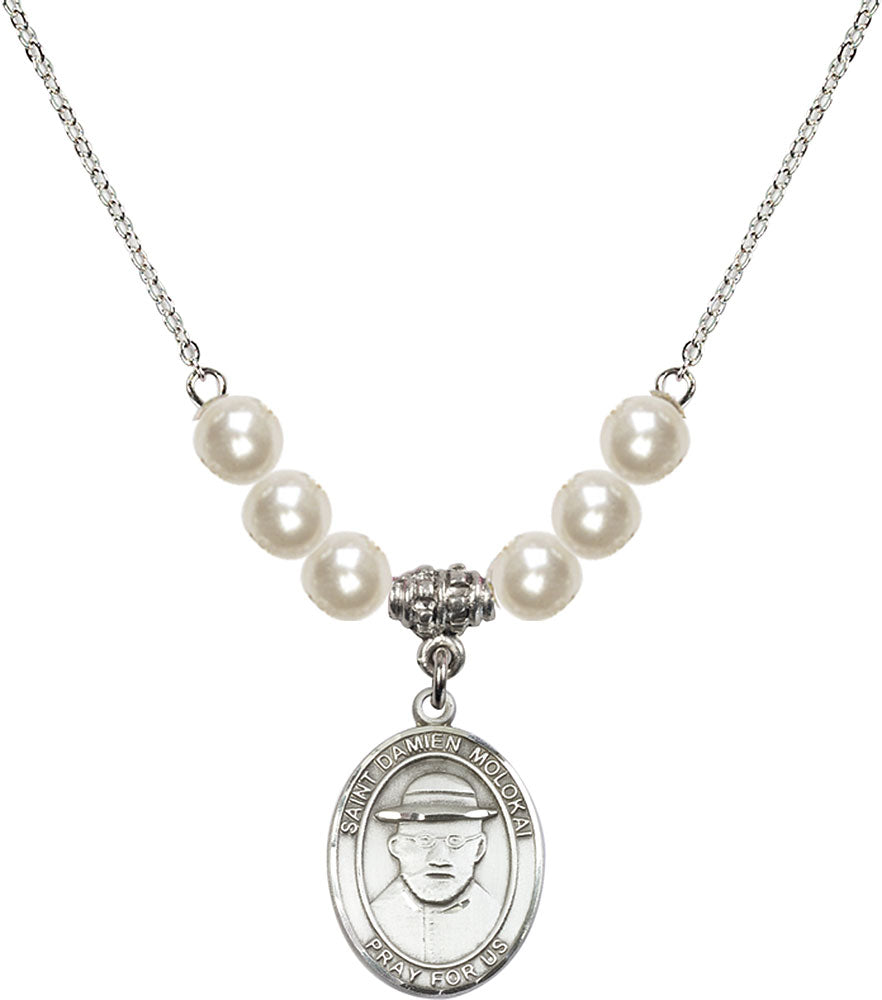 Sterling Silver Saint Damien of Molokai Birthstone Necklace with Faux-Pearl Beads - 8412