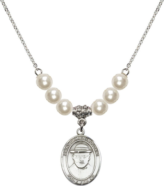 Sterling Silver Saint Damien of Molokai Birthstone Necklace with Faux-Pearl Beads - 8412