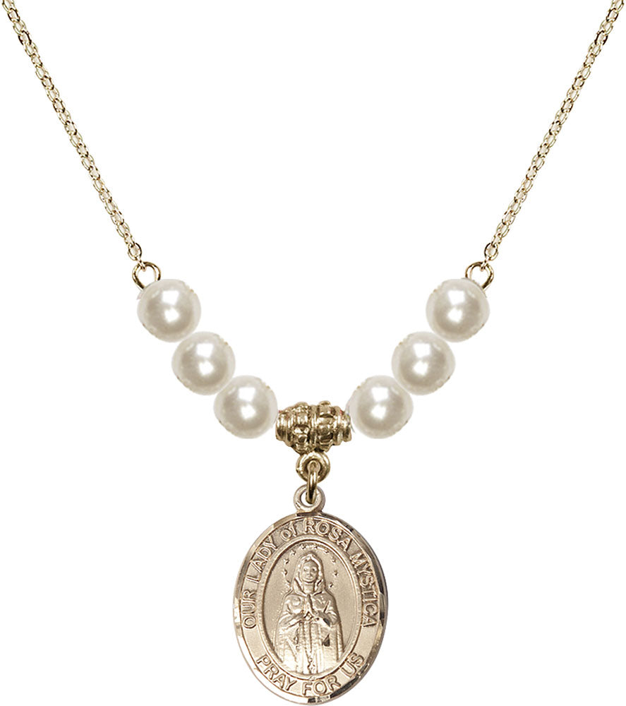 14kt Gold Filled Our Lady of Rosa Mystica Birthstone Necklace with Faux-Pearl Beads - 8413