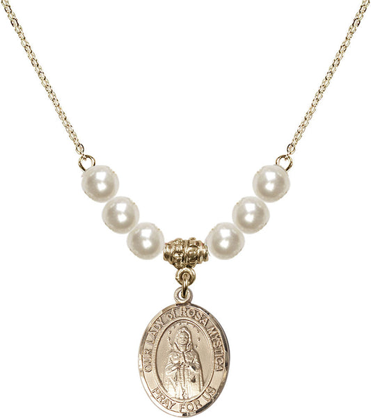 14kt Gold Filled Our Lady of Rosa Mystica Birthstone Necklace with Faux-Pearl Beads - 8413