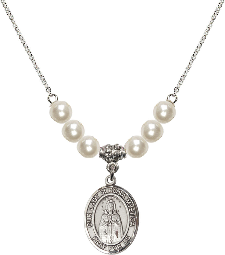 Sterling Silver Our Lady of Rosa Mystica Birthstone Necklace with Faux-Pearl Beads - 8413