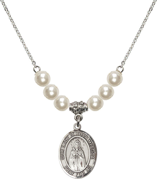 Sterling Silver Our Lady of Rosa Mystica Birthstone Necklace with Faux-Pearl Beads - 8413