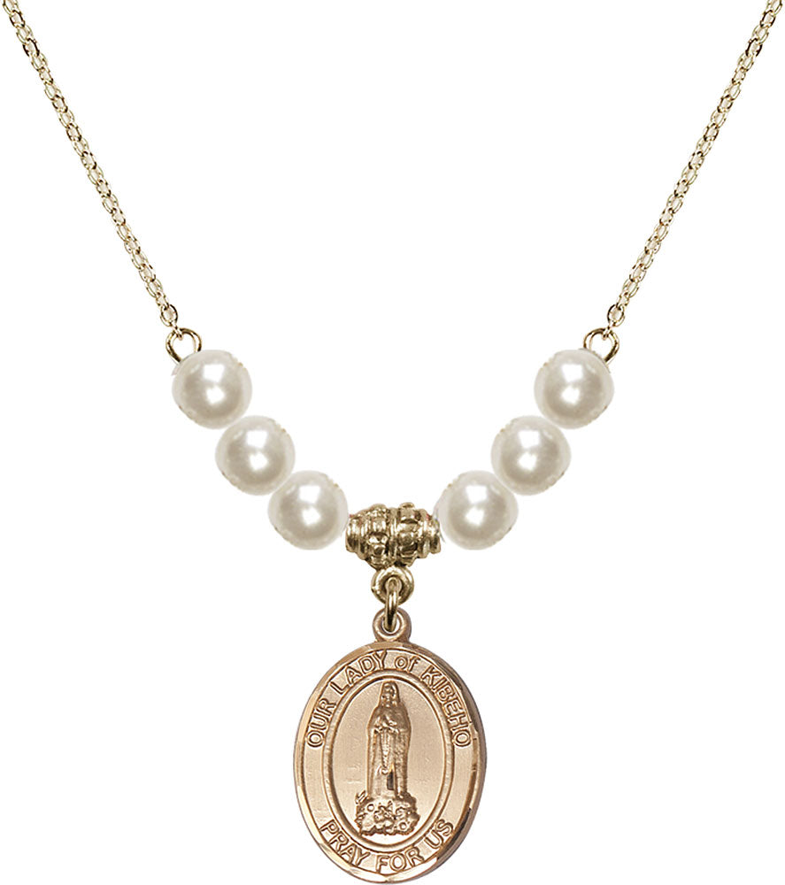 14kt Gold Filled Our Lady of Kibeho Birthstone Necklace with Faux-Pearl Beads - 8414