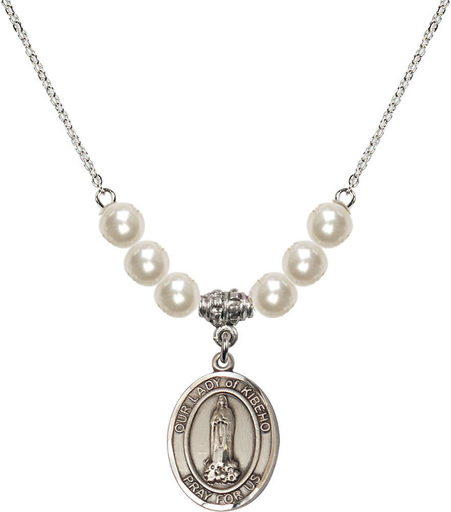 Sterling Silver Our Lady of Kibeho Birthstone Necklace with Faux-Pearl Beads - 8414