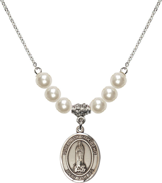 Sterling Silver Our Lady of Kibeho Birthstone Necklace with Faux-Pearl Beads - 8414