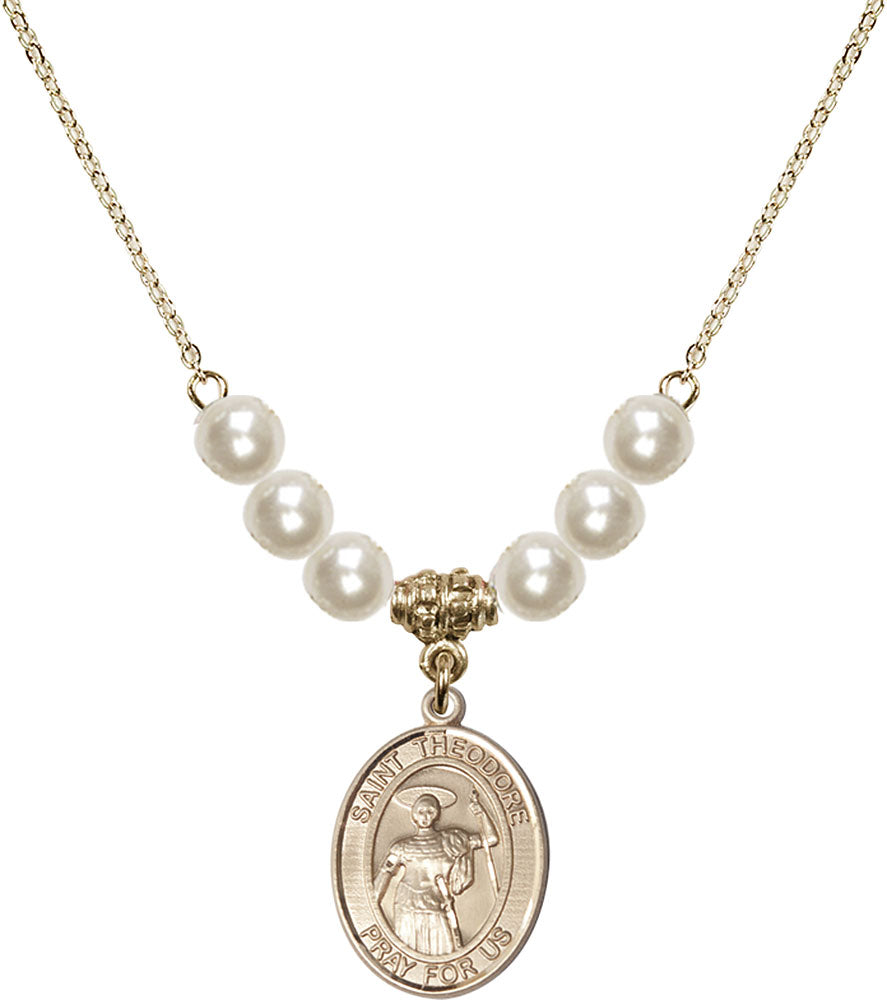 14kt Gold Filled Saint Theodore Stratelates Birthstone Necklace with Faux-Pearl Beads - 8415