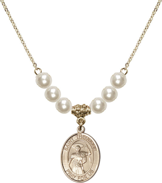 14kt Gold Filled Saint Theodore Stratelates Birthstone Necklace with Faux-Pearl Beads - 8415