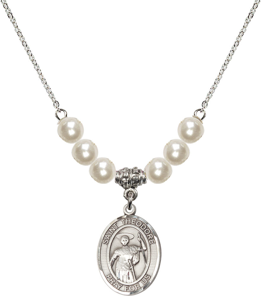 Sterling Silver Saint Theodore Stratelates Birthstone Necklace with Faux-Pearl Beads - 8415