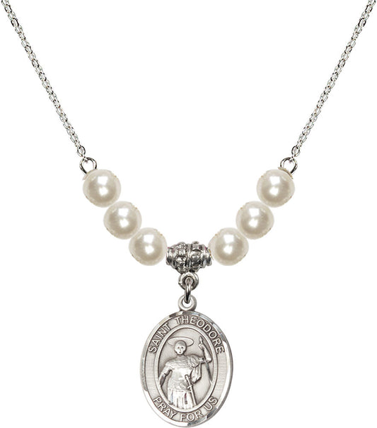 Sterling Silver Saint Theodore Stratelates Birthstone Necklace with Faux-Pearl Beads - 8415