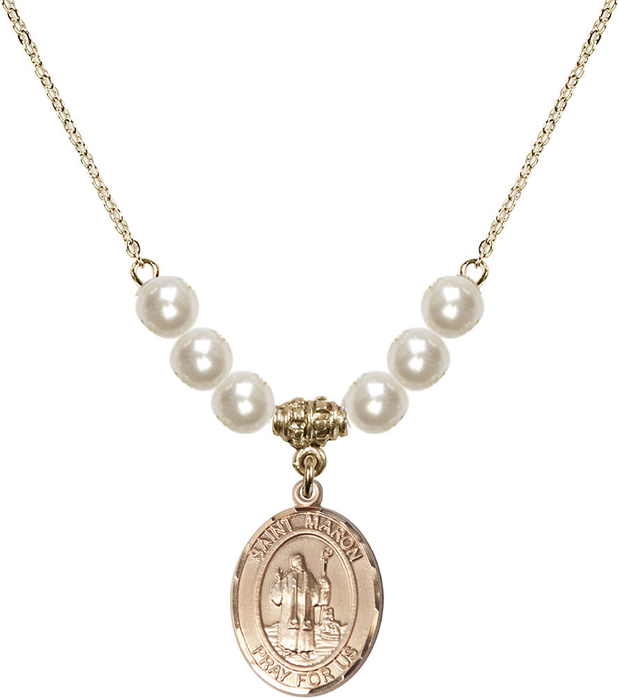14kt Gold Filled Saint Maron Birthstone Necklace with Faux-Pearl Beads - 8417