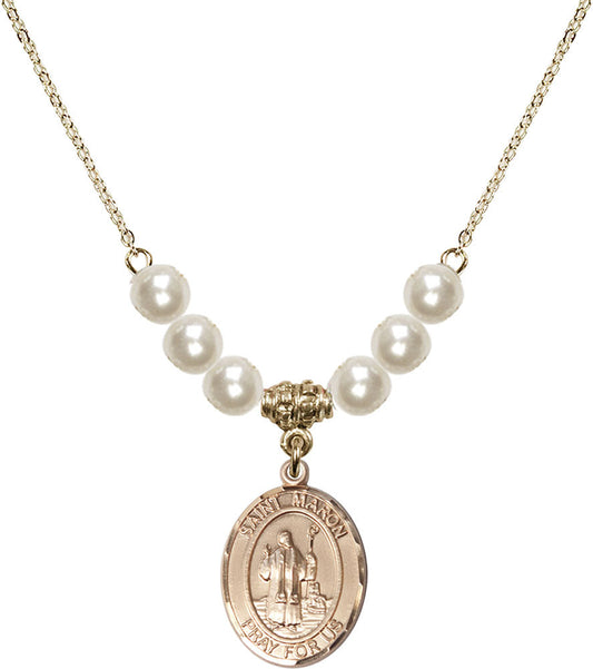 14kt Gold Filled Saint Maron Birthstone Necklace with Faux-Pearl Beads - 8417