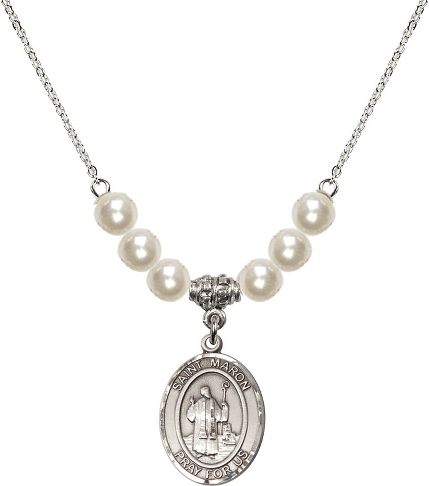 Sterling Silver Saint Maron Birthstone Necklace with Faux-Pearl Beads - 8417
