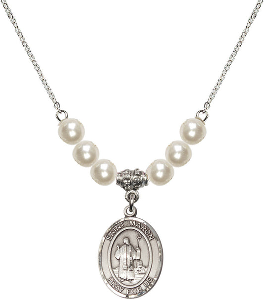 Sterling Silver Saint Maron Birthstone Necklace with Faux-Pearl Beads - 8417