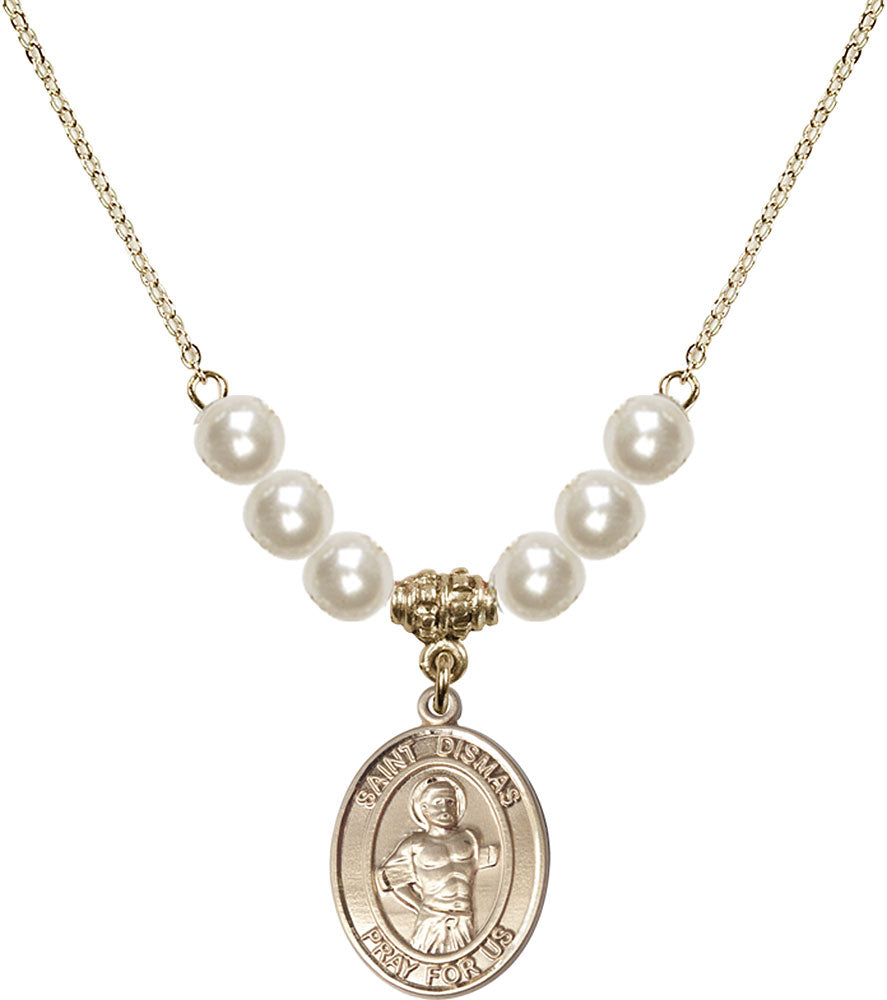 14kt Gold Filled Saint Dismas Birthstone Necklace with Faux-Pearl Beads - 8418