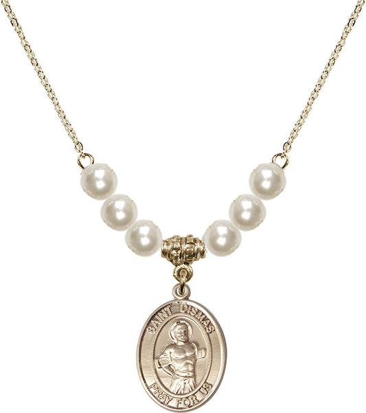 14kt Gold Filled Saint Dismas Birthstone Necklace with Faux-Pearl Beads - 8418