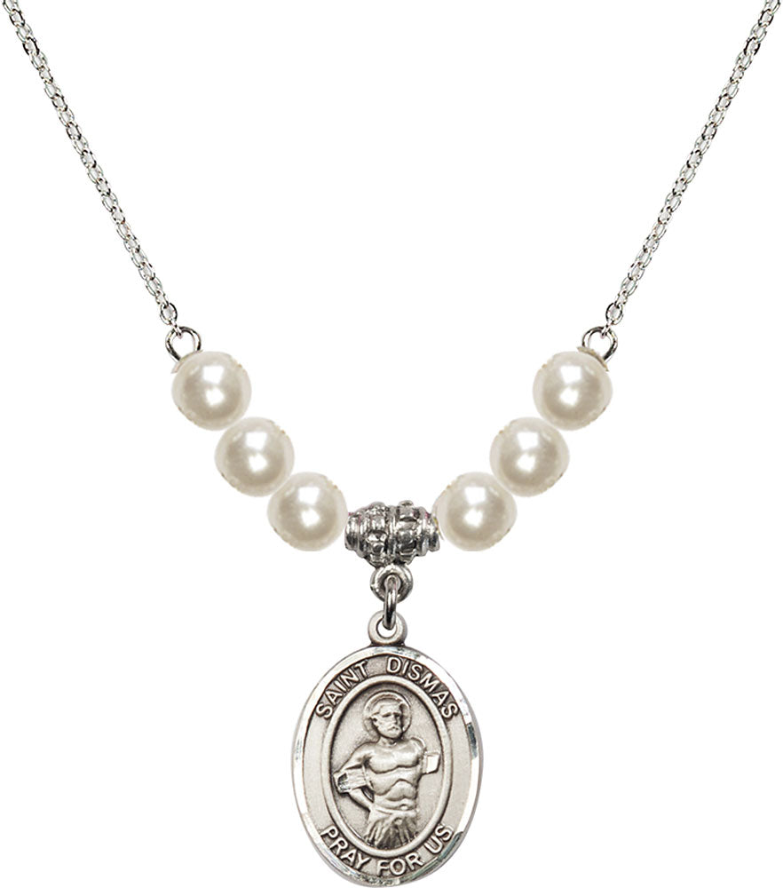 Sterling Silver Saint Dismas Birthstone Necklace with Faux-Pearl Beads - 8418