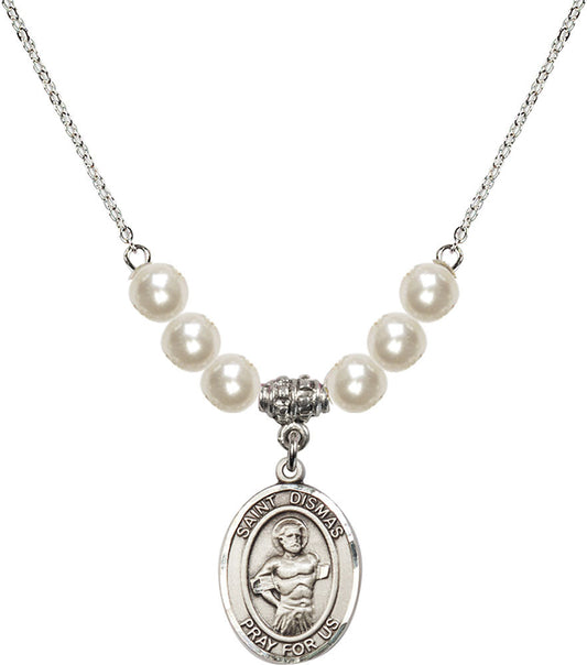 Sterling Silver Saint Dismas Birthstone Necklace with Faux-Pearl Beads - 8418