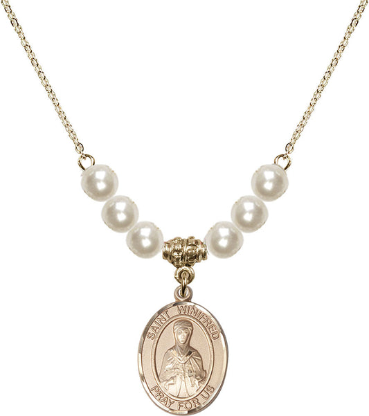 14kt Gold Filled Saint Winifred of Wales Birthstone Necklace with Faux-Pearl Beads - 8419
