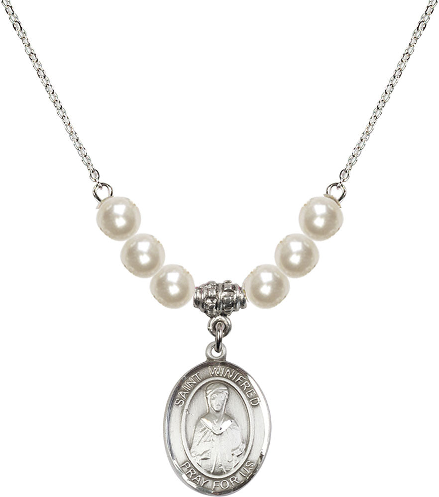 Sterling Silver Saint Winifred of Wales Birthstone Necklace with Faux-Pearl Beads - 8419