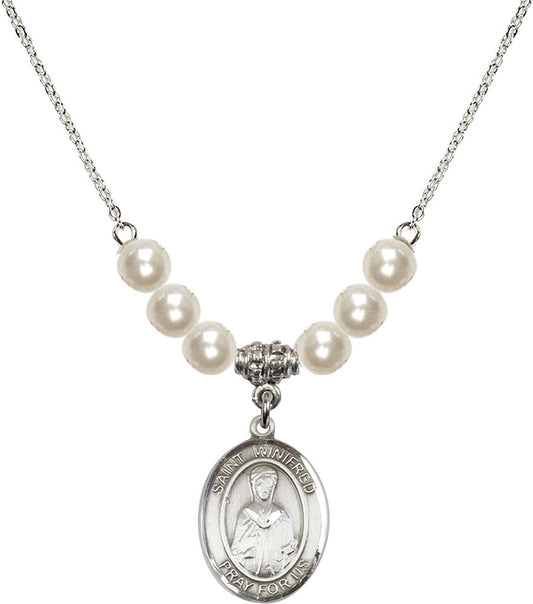 Sterling Silver Saint Winifred of Wales Birthstone Necklace with Faux-Pearl Beads - 8419
