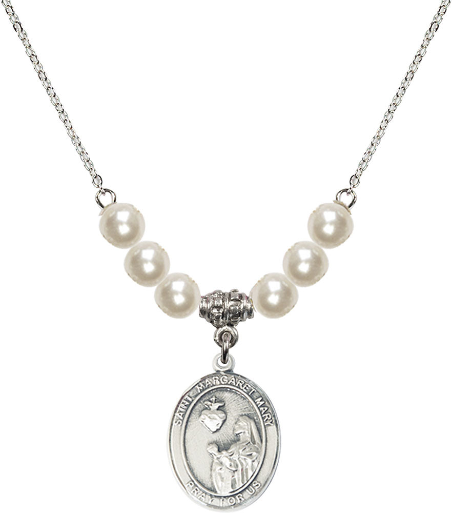 Sterling Silver Saint Margaret Mary Alacoque Birthstone Necklace with Faux-Pearl Beads - 8420