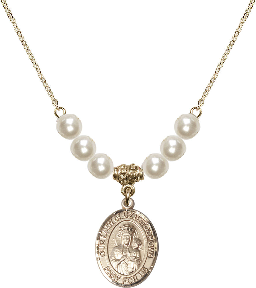14kt Gold Filled Our Lady of Czestochowa Birthstone Necklace with Faux-Pearl Beads - 8421