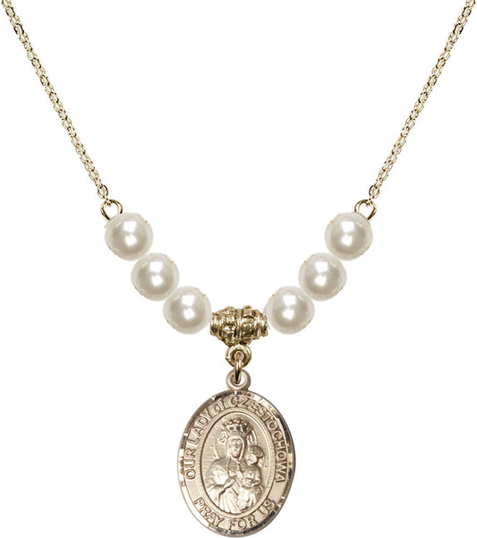 14kt Gold Filled Our Lady of Czestochowa Birthstone Necklace with Faux-Pearl Beads - 8421