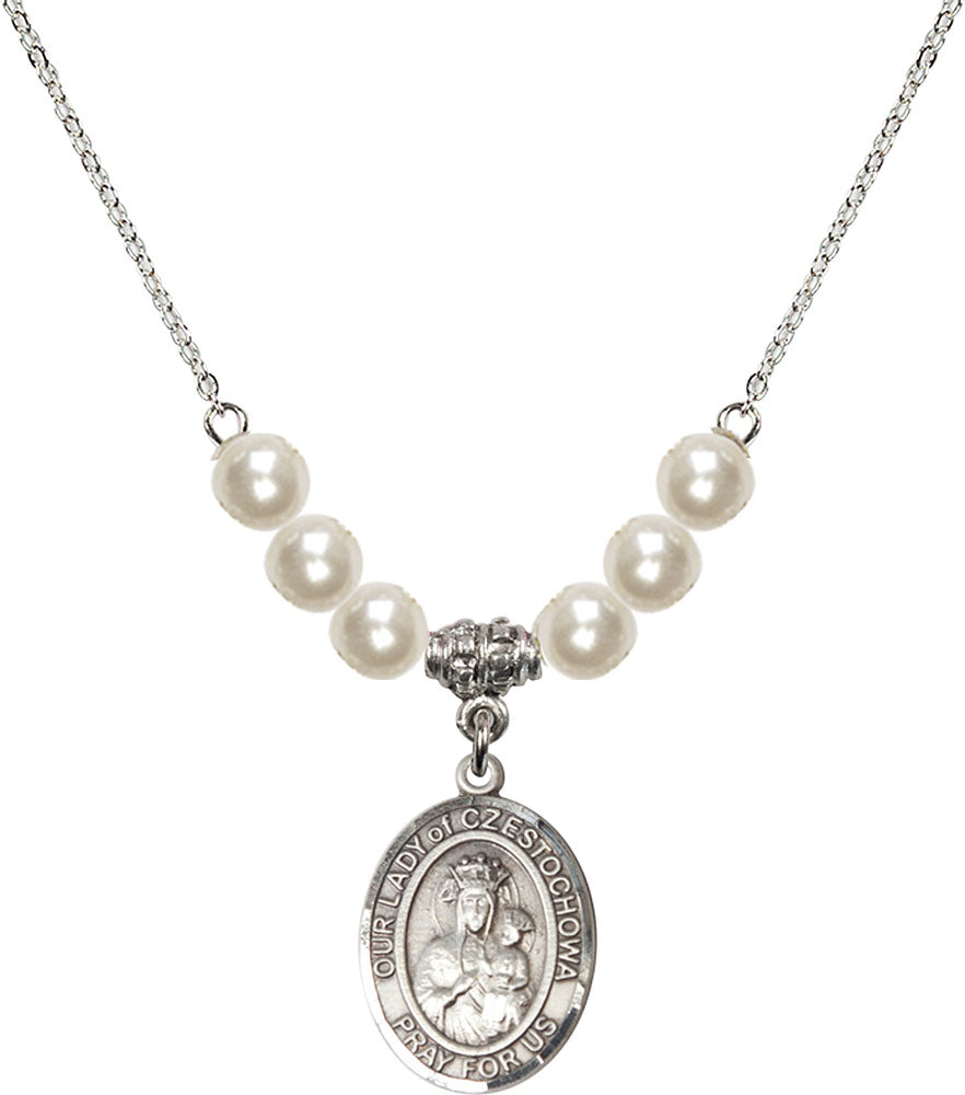 Sterling Silver Our Lady of Czestochowa Birthstone Necklace with Faux-Pearl Beads - 8421