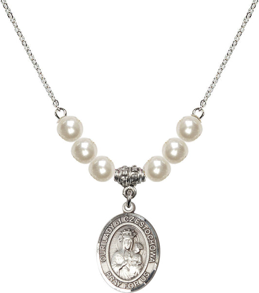 Sterling Silver Our Lady of Czestochowa Birthstone Necklace with Faux-Pearl Beads - 8421