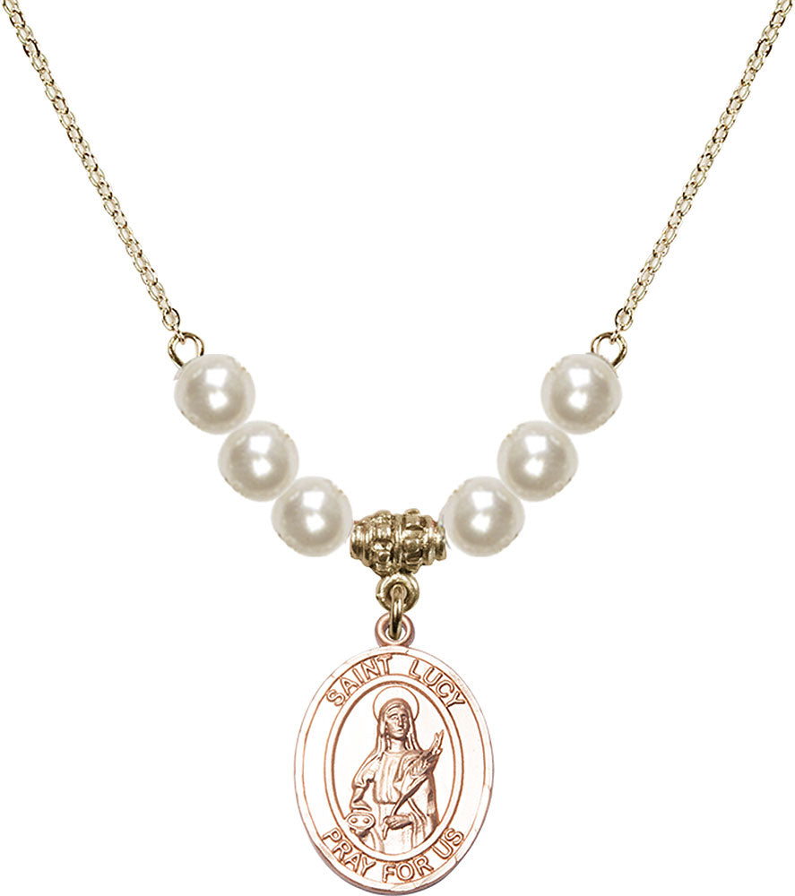 14kt Gold Filled Saint Lucy Birthstone Necklace with Faux-Pearl Beads - 8422