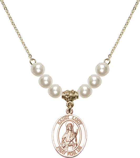 14kt Gold Filled Saint Lucy Birthstone Necklace with Faux-Pearl Beads - 8422
