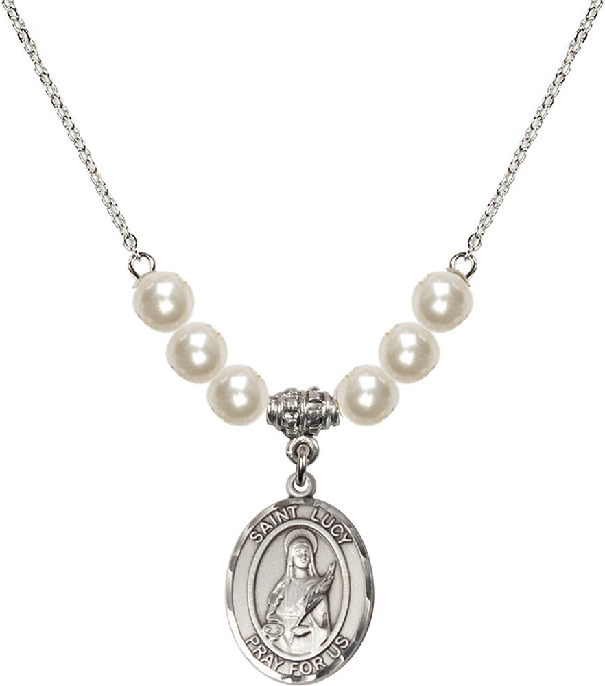 Sterling Silver Saint Lucy Birthstone Necklace with Faux-Pearl Beads - 8422