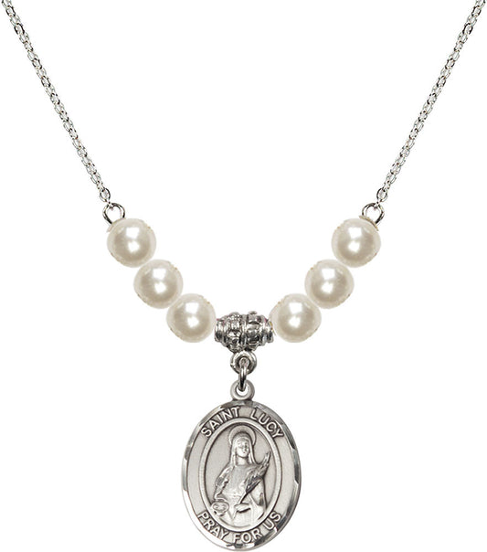 Sterling Silver Saint Lucy Birthstone Necklace with Faux-Pearl Beads - 8422