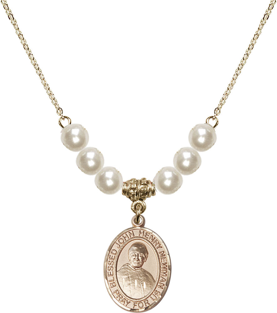14kt Gold Filled Blessed John Henry Newman Birthstone Necklace with Faux-Pearl Beads - 8423