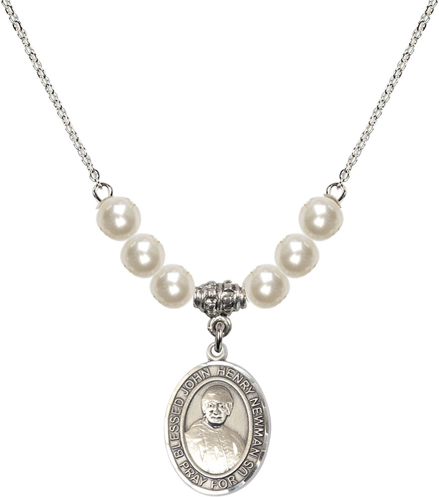 Sterling Silver Blessed John Henry Newman Birthstone Necklace with Faux-Pearl Beads - 8423