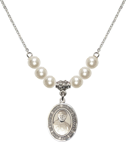 Sterling Silver Blessed John Henry Newman Birthstone Necklace with Faux-Pearl Beads - 8423