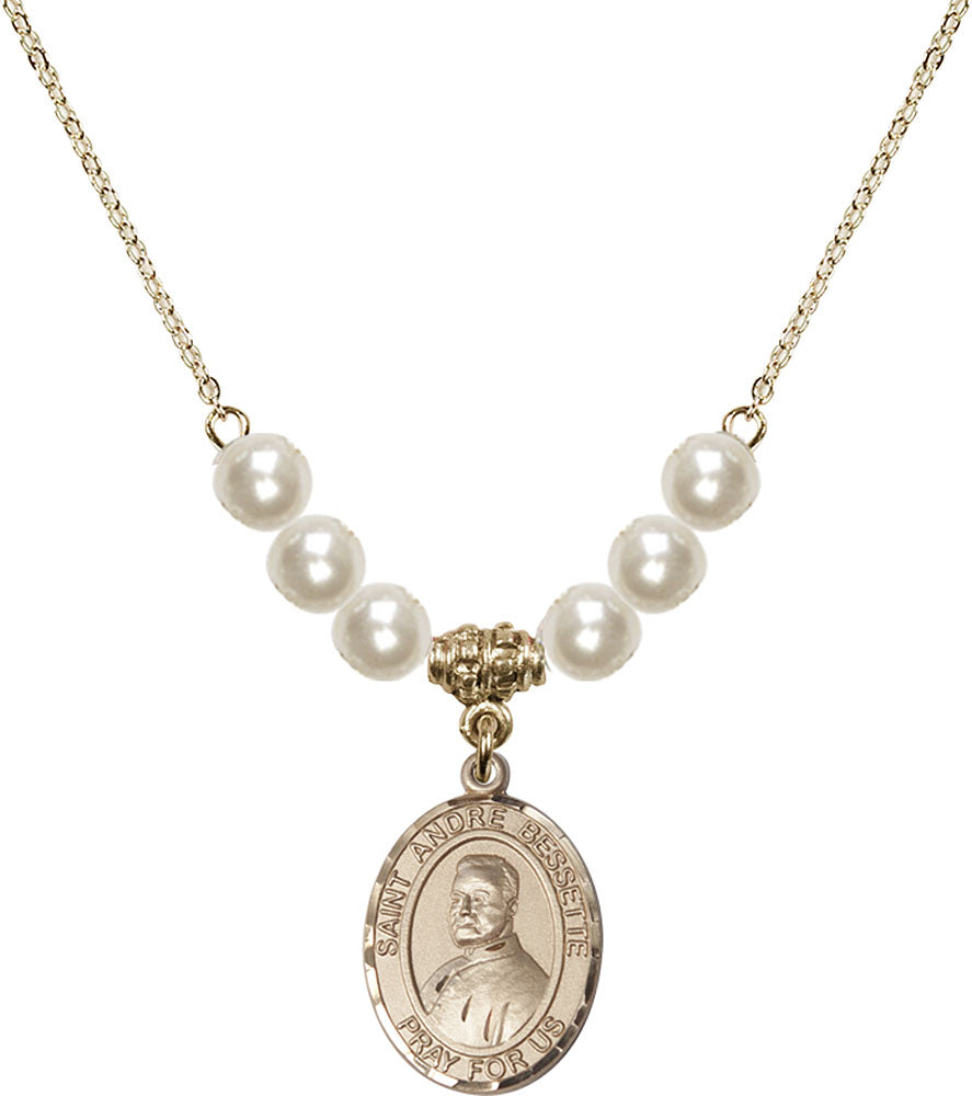 14kt Gold Filled Saint Andre Bessette Birthstone Necklace with Faux-Pearl Beads - 8424