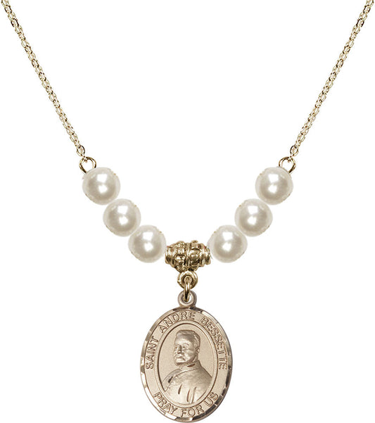 14kt Gold Filled Saint Andre Bessette Birthstone Necklace with Faux-Pearl Beads - 8424