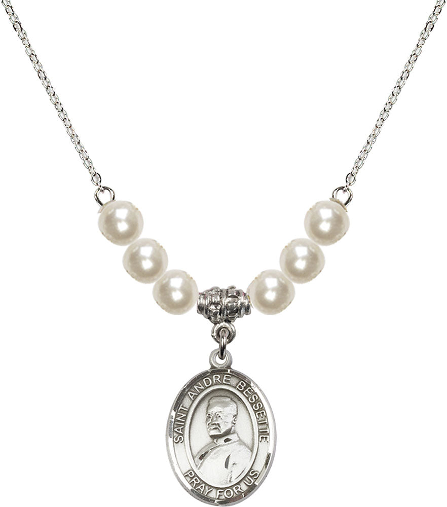 Sterling Silver Saint Andre Bessette Birthstone Necklace with Faux-Pearl Beads - 8424
