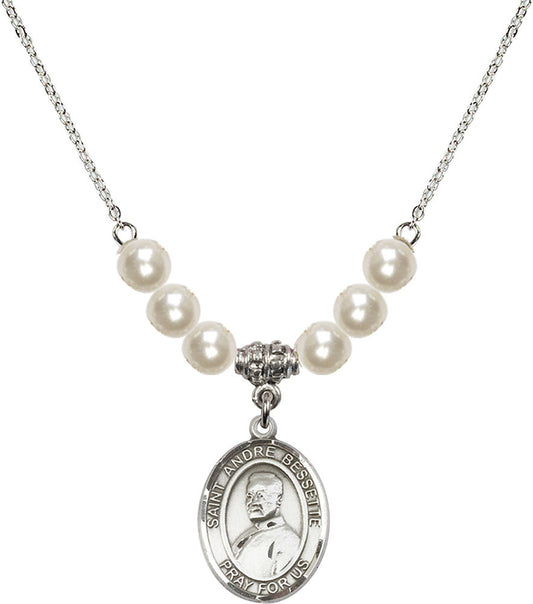 Sterling Silver Saint Andre Bessette Birthstone Necklace with Faux-Pearl Beads - 8424