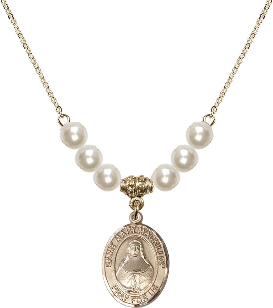 14kt Gold Filled Saint Mary Mackillop Birthstone Necklace with Faux-Pearl Beads - 8425